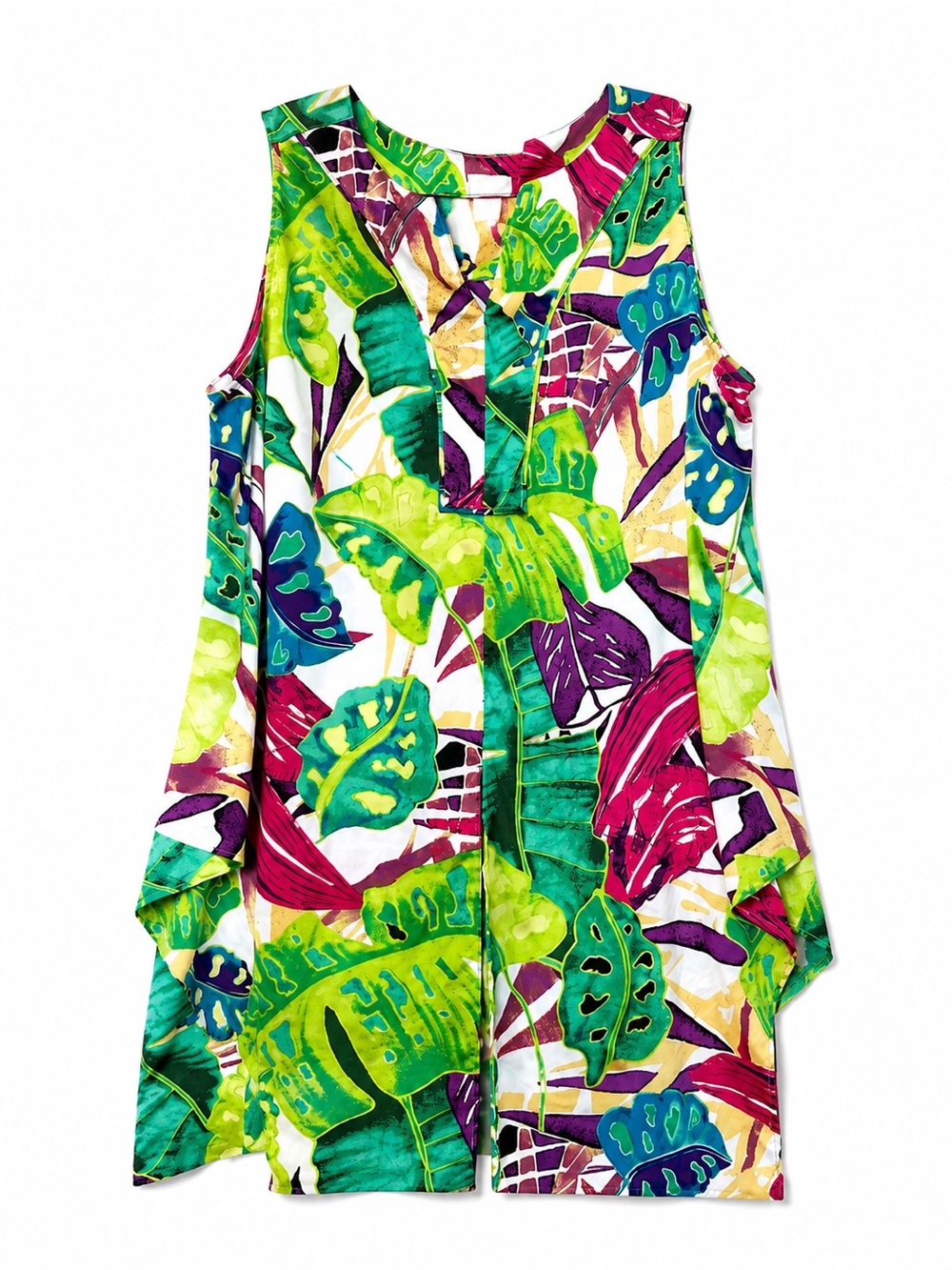 Chico’s Tropical Monstera Asymmetrical Draped Tunic Top Size 2 12/14